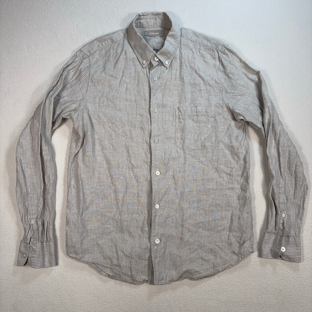 Everlane Linen Shirt Mens S Light Gray Stripe Pocket Resort Vacation Button Down